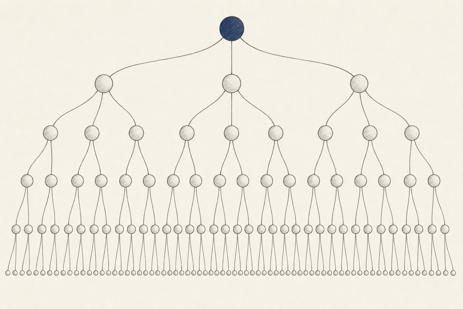 A pencil-drawn tree: one navy root splitting into branches, then into rows of smaller leaves that reach both edges of the page.